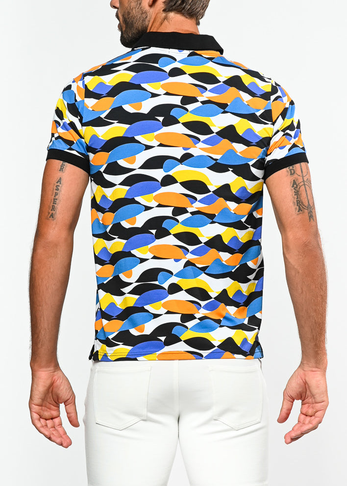 BLACK/BLUE WAVE CAMO STRETCH COTTON JERSEY KNIT POLO PM-16115
