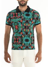 GREEN BIRDS OF PARADISE STRETCH COTTON JERSEY KNIT POLO