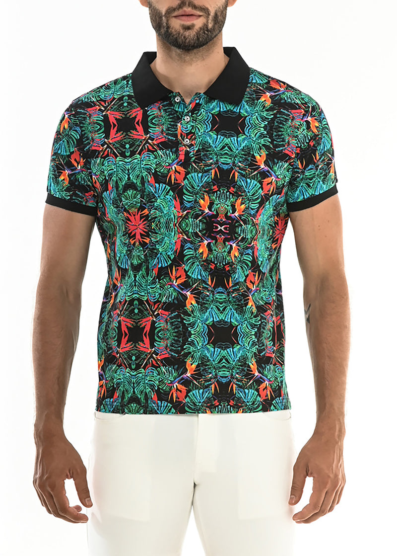 GREEN BIRDS OF PARADISE STRETCH COTTON JERSEY KNIT POLO