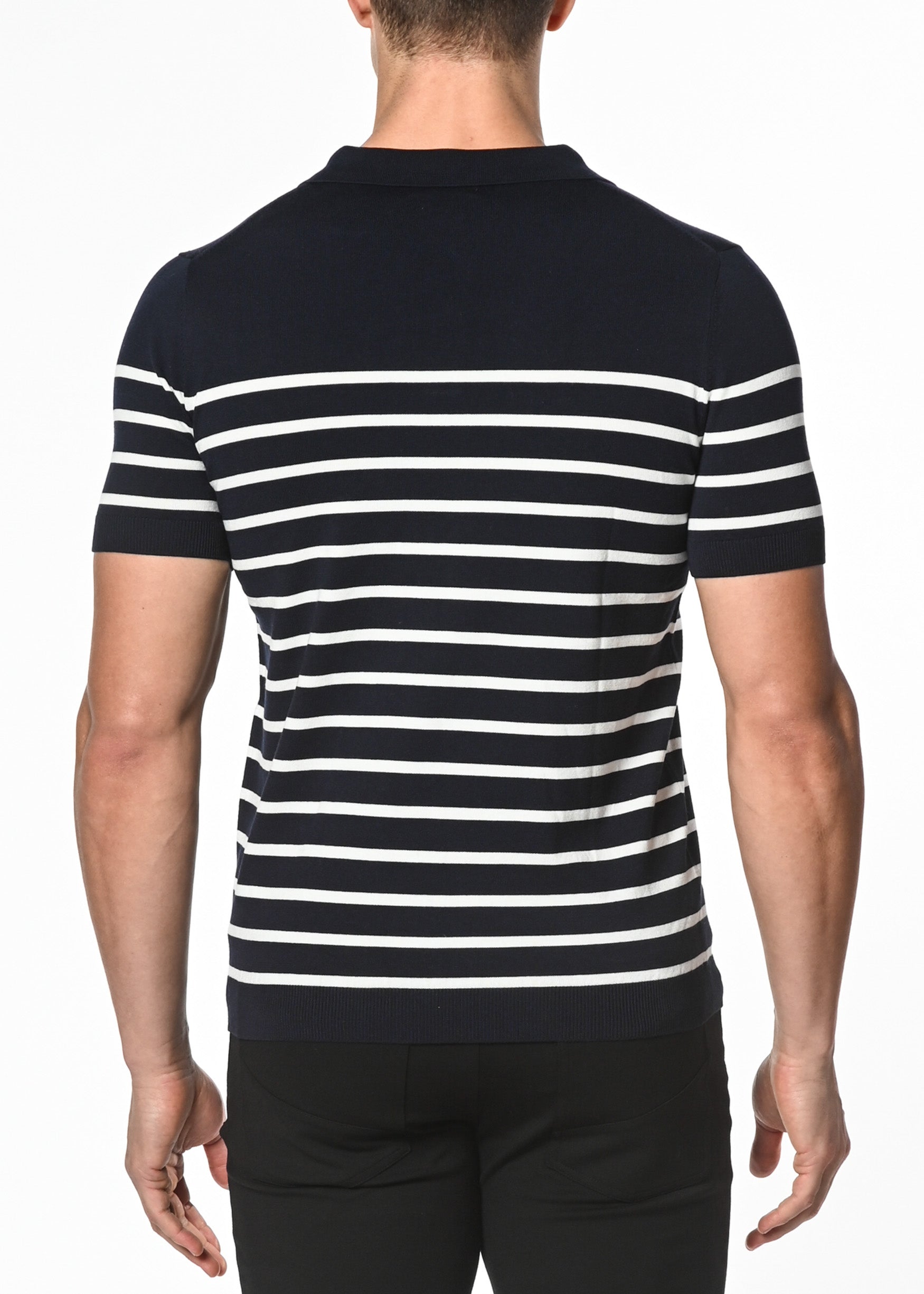 NAVY/OFF WHITE 3-BUTTON STRIPE SILK/TENCEL KNIT POLO PM-16200