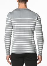GREY/OFF WHITE LONG SLEEVE STRIPE SILK/TENCEL KNIT SWEATER PM-16201