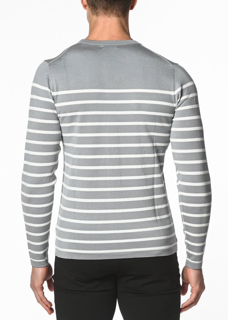 GREY/OFF WHITE LONG SLEEVE STRIPE SILK/TENCEL KNIT SWEATER PM-16201