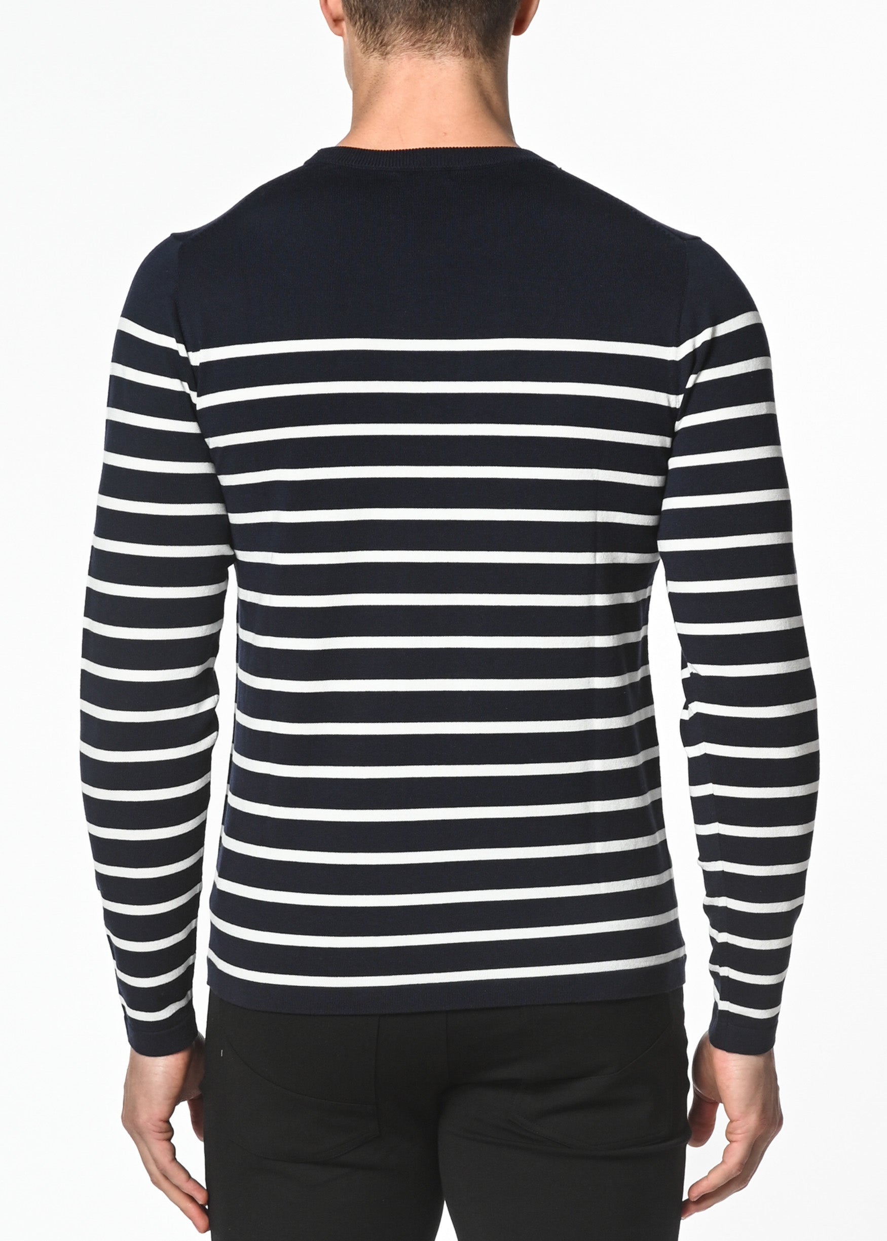 NAVY/OFF WHITE LONG SLEEVE STRIPE SILK/TENCEL KNIT SWEATER PM-16201