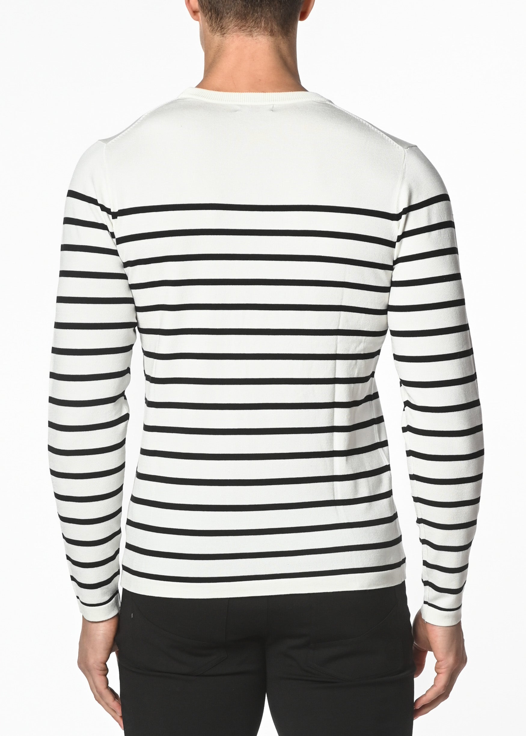 OFF WHITE/NAVY LONG SLEEVE STRIPE SILK/TENCEL KNIT SWEATER PM-16201