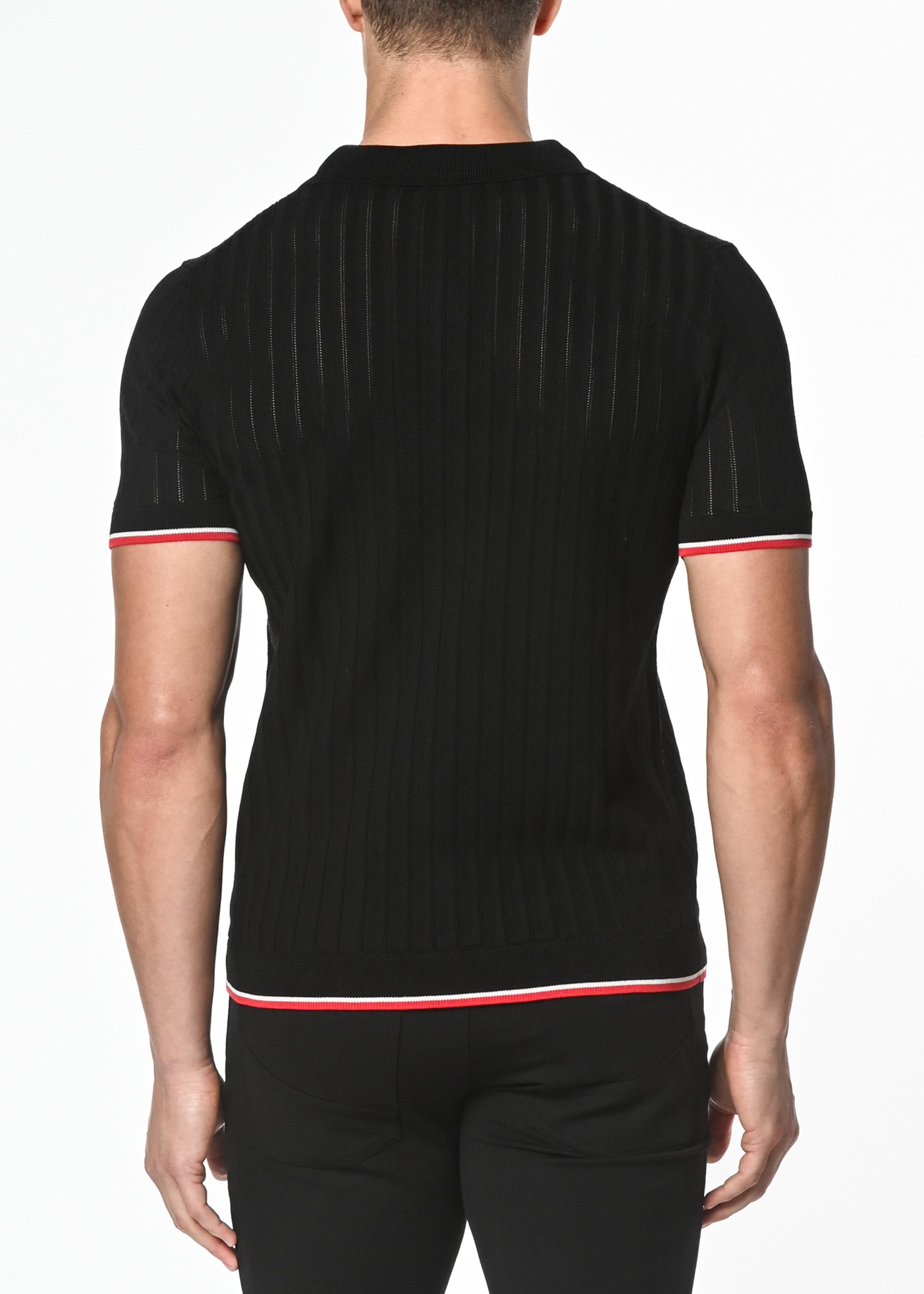 BLACK SILK/TENCEL TEXTURED KNITTED POLO W/ TIPPING PM-16203