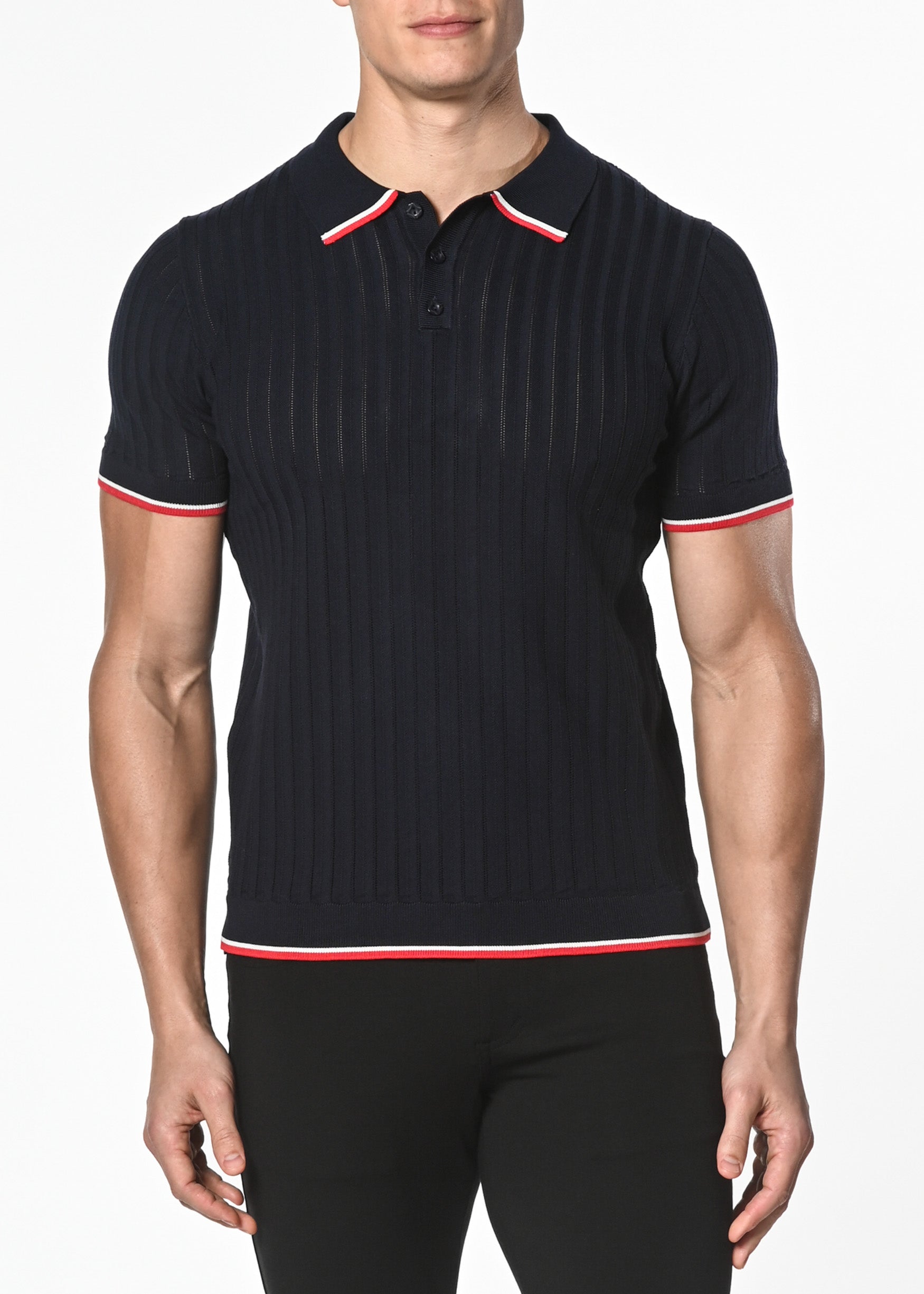 NAVY SILK/TENCEL TEXTURED KNITTED POLO W/ TIPPING PM-16203