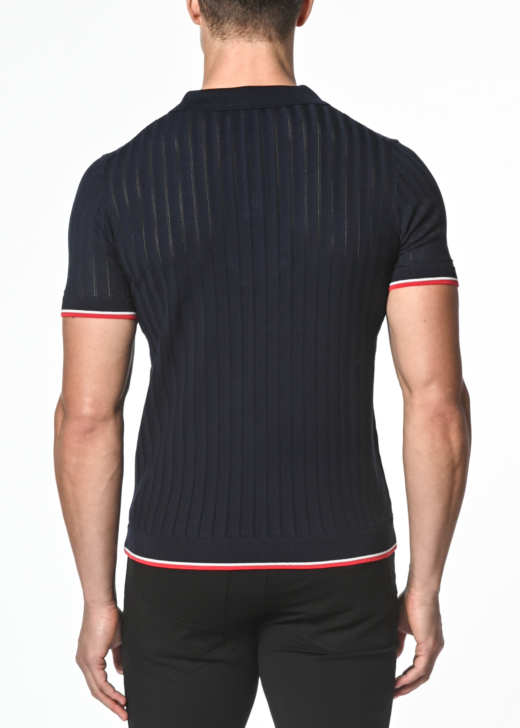 NAVY SILK/TENCEL TEXTURED KNITTED POLO W/ TIPPING PM-16203