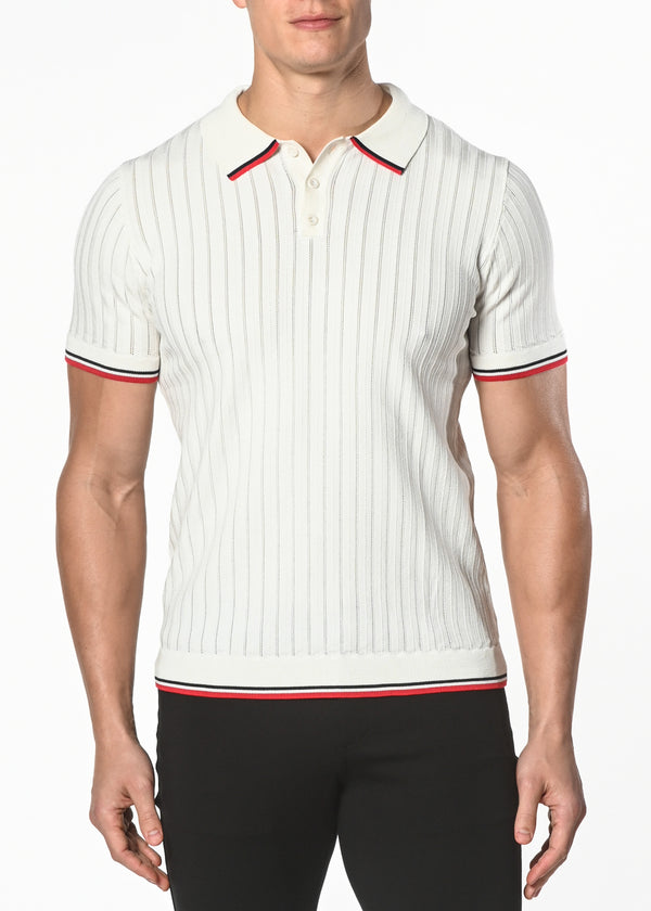 OFF WHITE SILK/TENCEL TEXTURED KNITTED POLO W/ TIPPING PM-16203