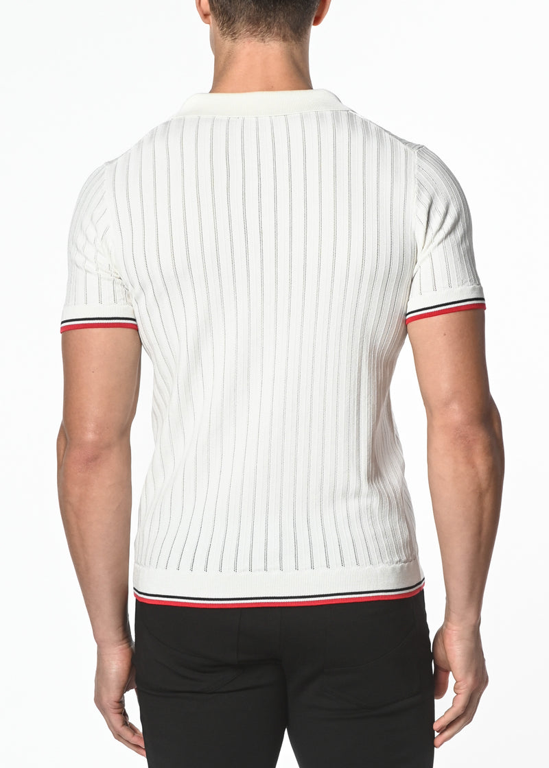 OFF WHITE SILK/TENCEL TEXTURED KNITTED POLO W/ TIPPING PM-16203