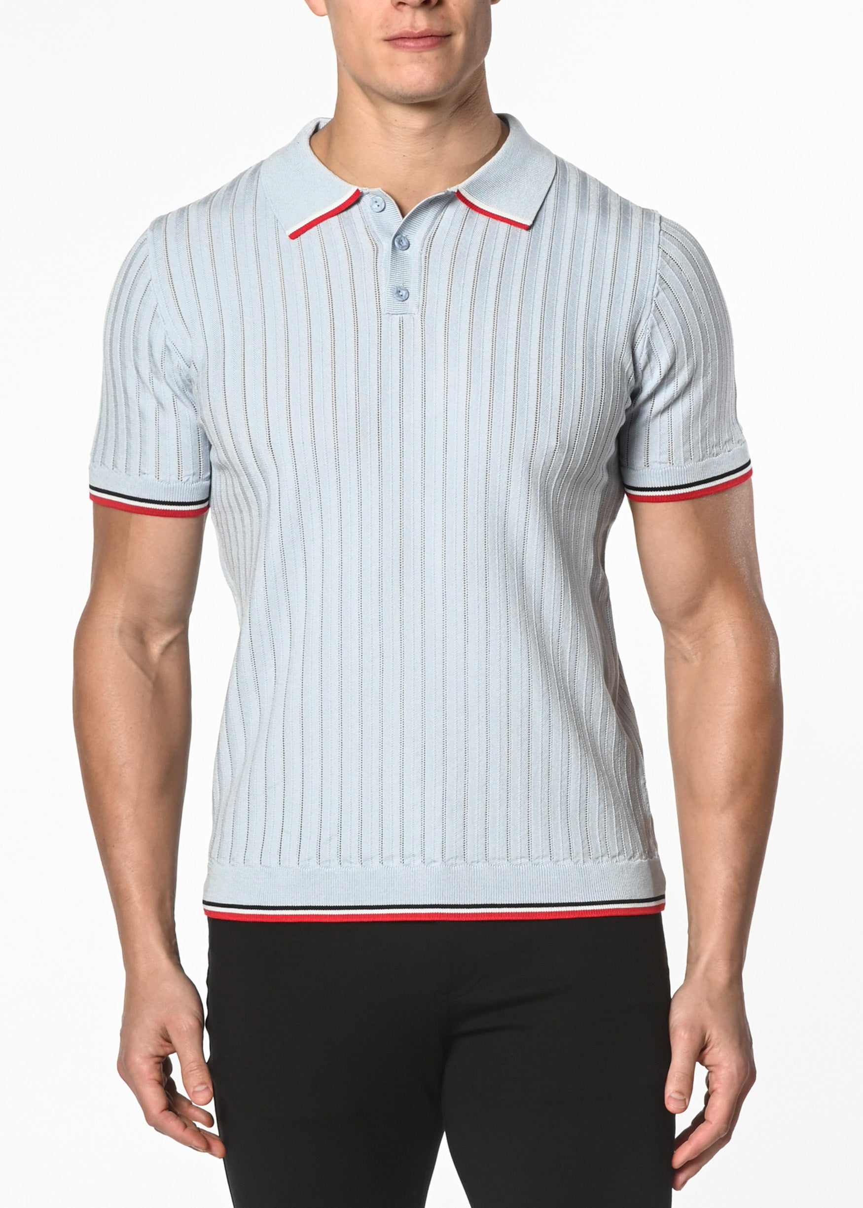 SILVER SKY SILK/TENCEL TEXTURED KNITTED POLO W/ TIPPING PM-16203