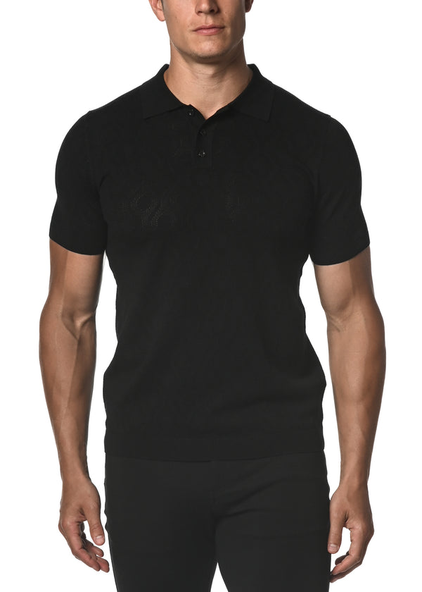 BLACK SILK/TENCEL SPIRO TEXTURED KNIT 3-BUTTON POLO PM-16211