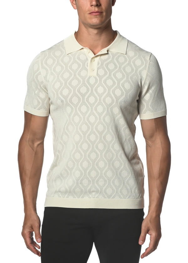 OFF WHITE SILK/TENCEL SPIRO TEXTURED KNIT 3-BUTTON POLO PM-16211