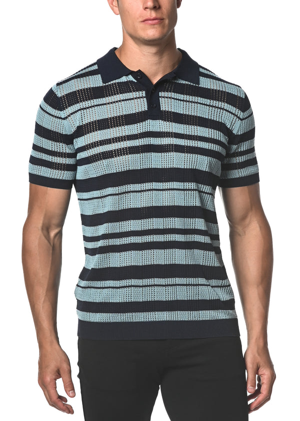 BLUE/NAVY SILK/TENCEL STRIPE MESH KNIT 3-BUTTON POLO PM-16213