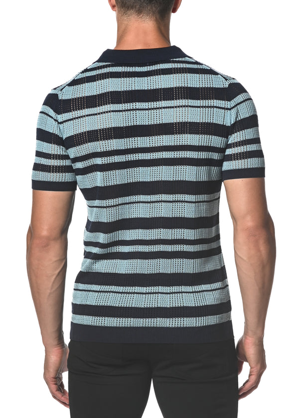 BLUE/NAVY SILK/TENCEL STRIPE MESH KNIT 3-BUTTON POLO PM-16213