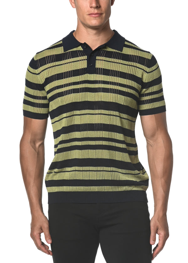 OLIVE/NAVY SILK/TENCEL STRIPE MESH KNIT 3-BUTTON POLO PM-16213