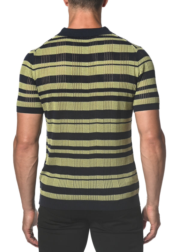 OLIVE/NAVY SILK/TENCEL STRIPE MESH KNIT 3-BUTTON POLO PM-16213