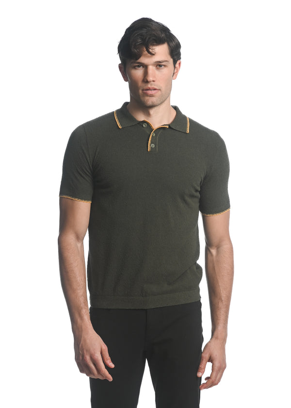 OLIVE/ AMBER BOUCLE  3-BUTTON KNIT POLO WITH TIPPING PM-16218