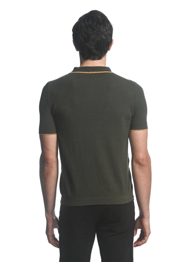 OLIVE/ AMBER BOUCLE  3-BUTTON KNIT POLO WITH TIPPING PM-16218