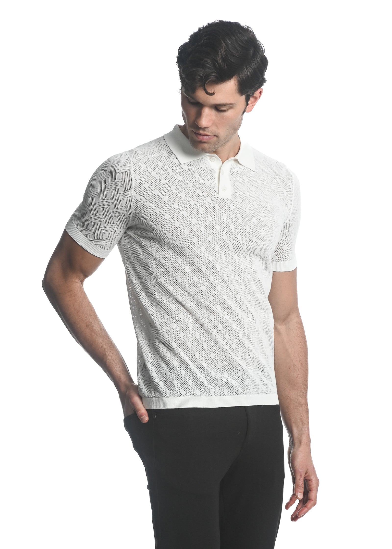 OFF WHITE COTTON 3 BUTTON TEXTURED CROSS WEAVE KNIT POLO PM 16225