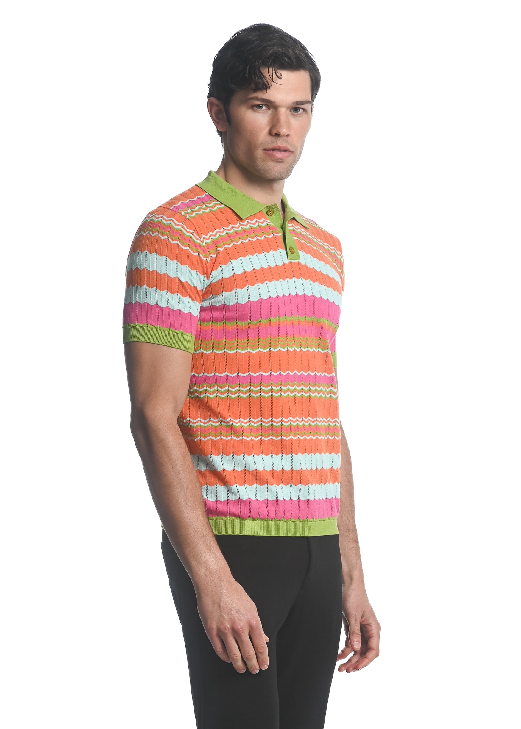 CITRUS/ ORANGE/ FUCHSIA CHEVRON  COTTON  3-BUTTON TEXTURED CHEVRON STRIPE KNIT POLO PM-16226