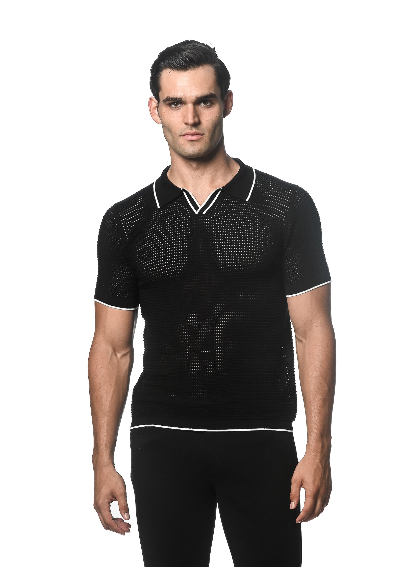 BLACK/WHITE TEXTURED MESH KNITTED JOHNNY COLLAR POLO W/ TIPPING PM-16231