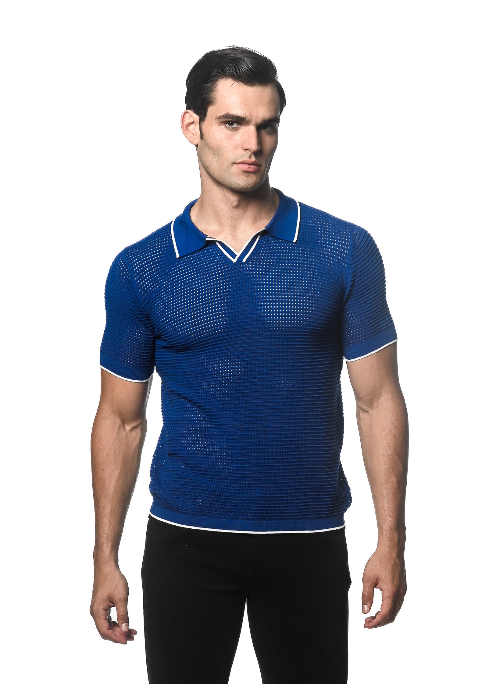 COBALT/WHITE TEXTURED MESH KNITTED JOHNNY COLLAR POLO W/ TIPPING PM-16231
