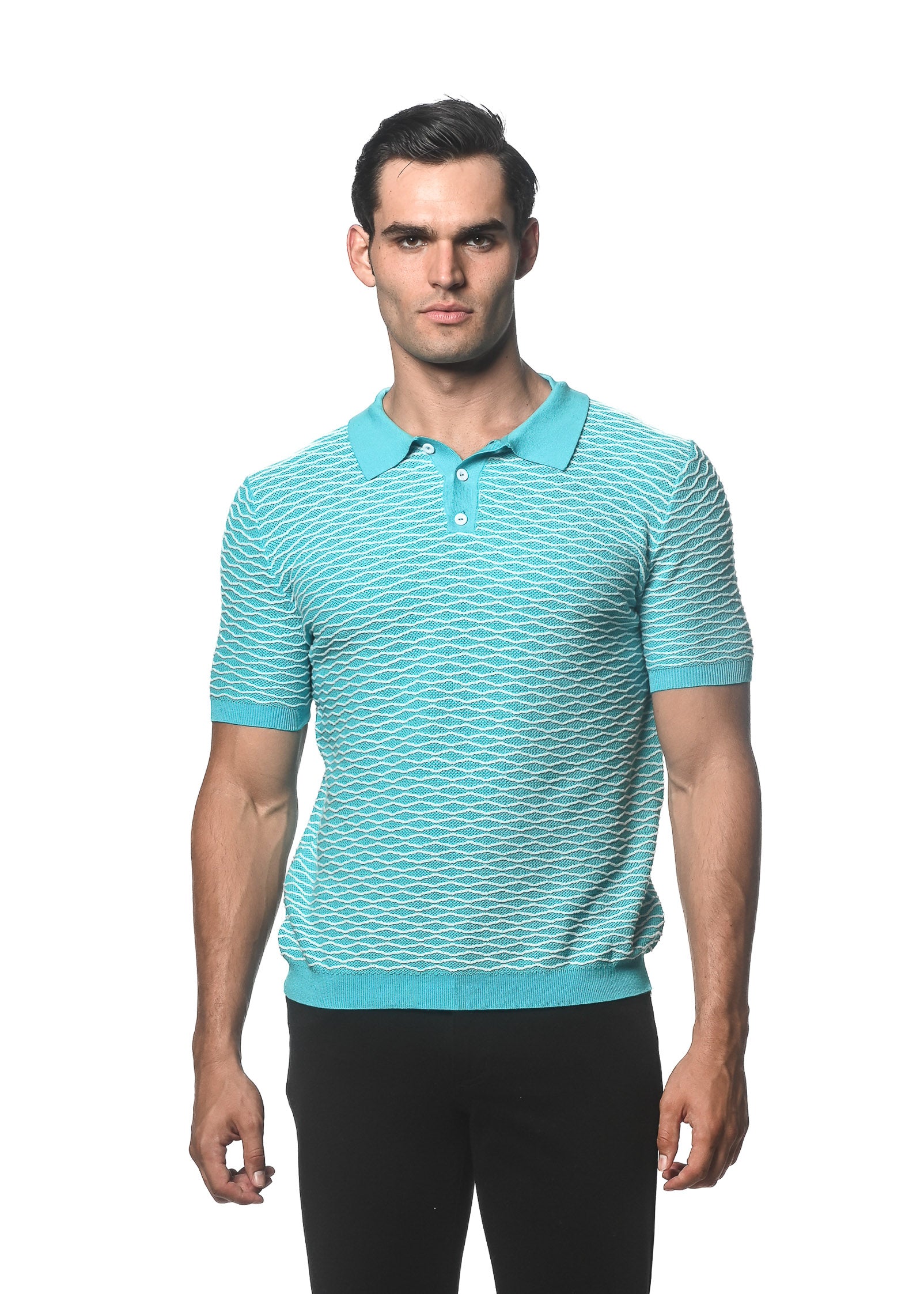 AQUA/OFF WHITE WAVE COTTON TEXTURED KNITTED POLO PM-16232