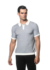 OFF WHITE/COBALT WAVE COTTON TEXTURED KNITTED POLO PM-16232