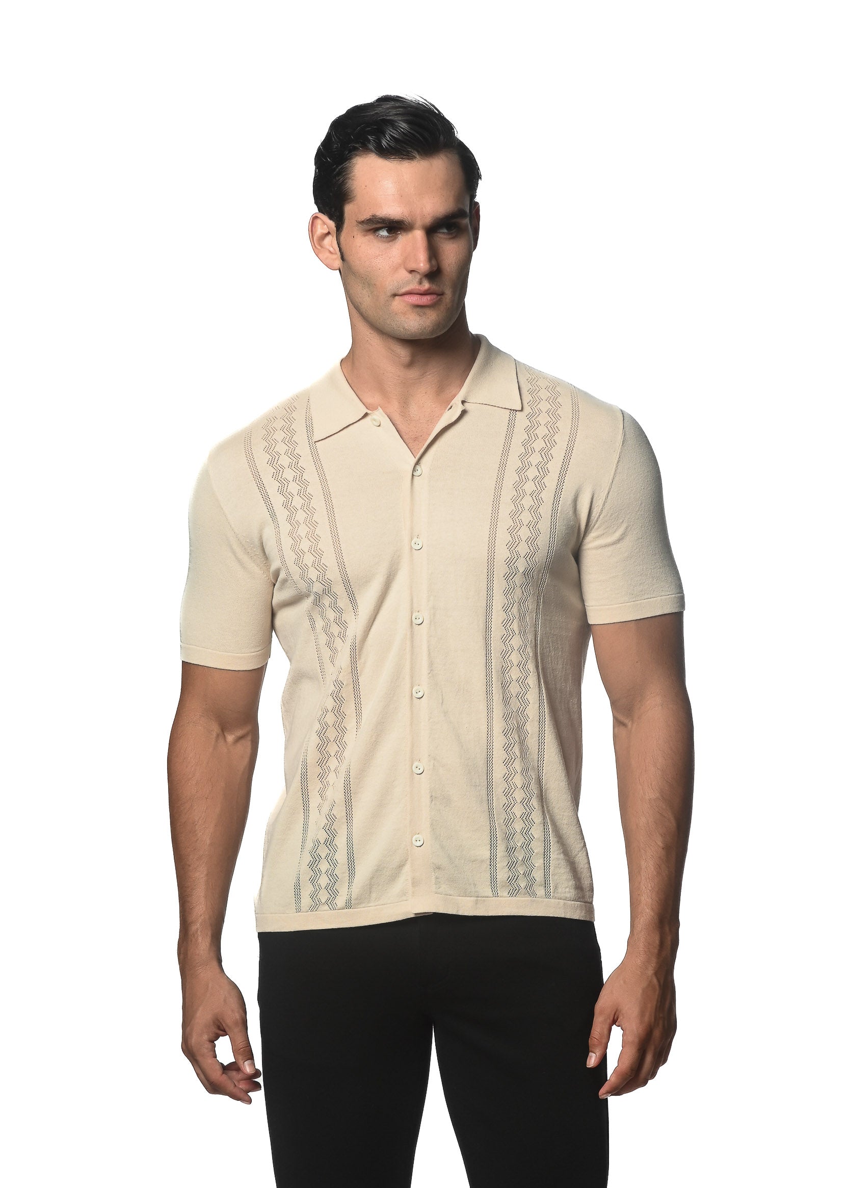 BEIGE COTTON TEXTURED BUTTON FRONT KNITTED SHORT SLEEVE SHIRT PM-16260