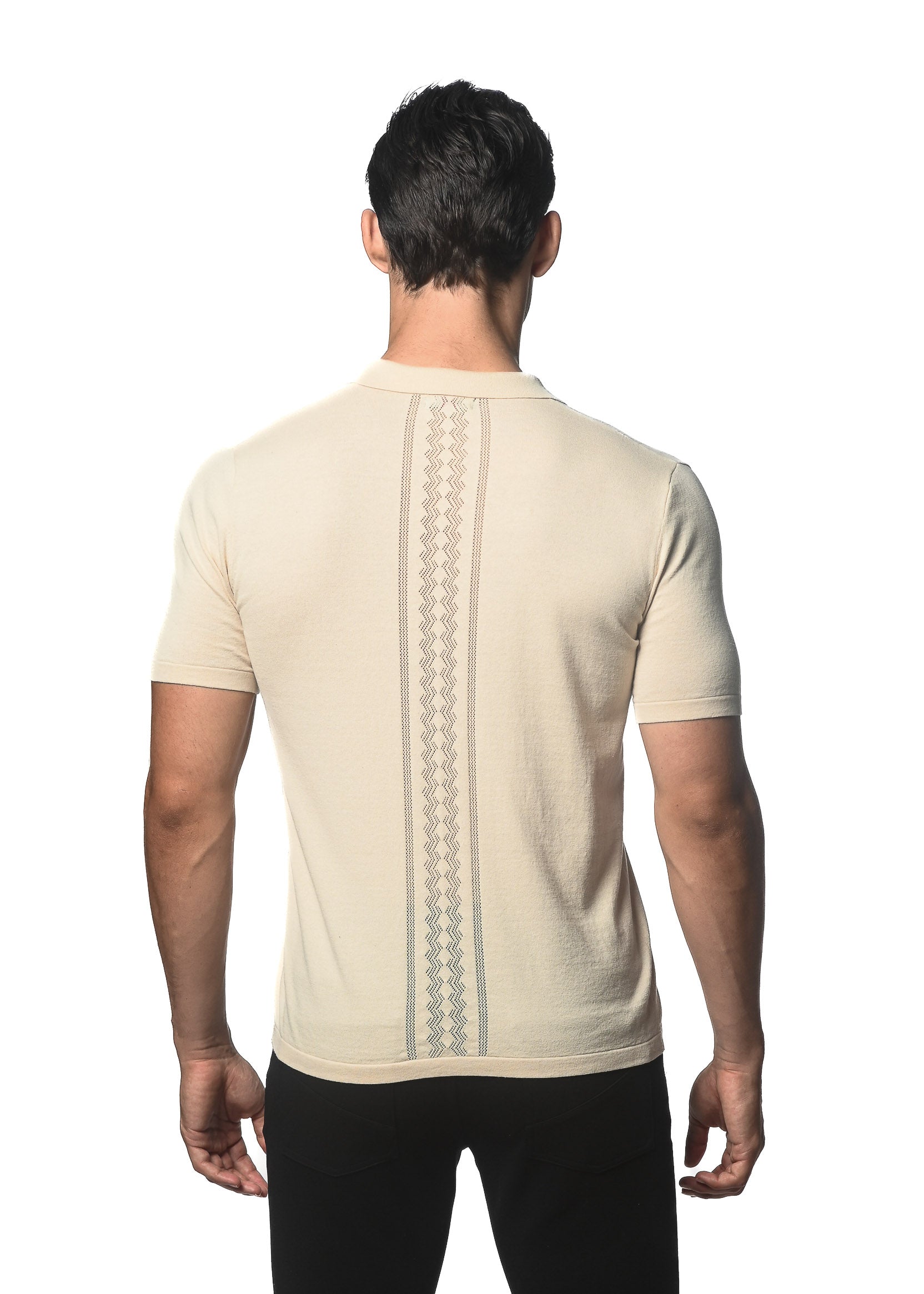 BEIGE COTTON TEXTURED BUTTON FRONT KNITTED SHORT SLEEVE SHIRT PM-16260
