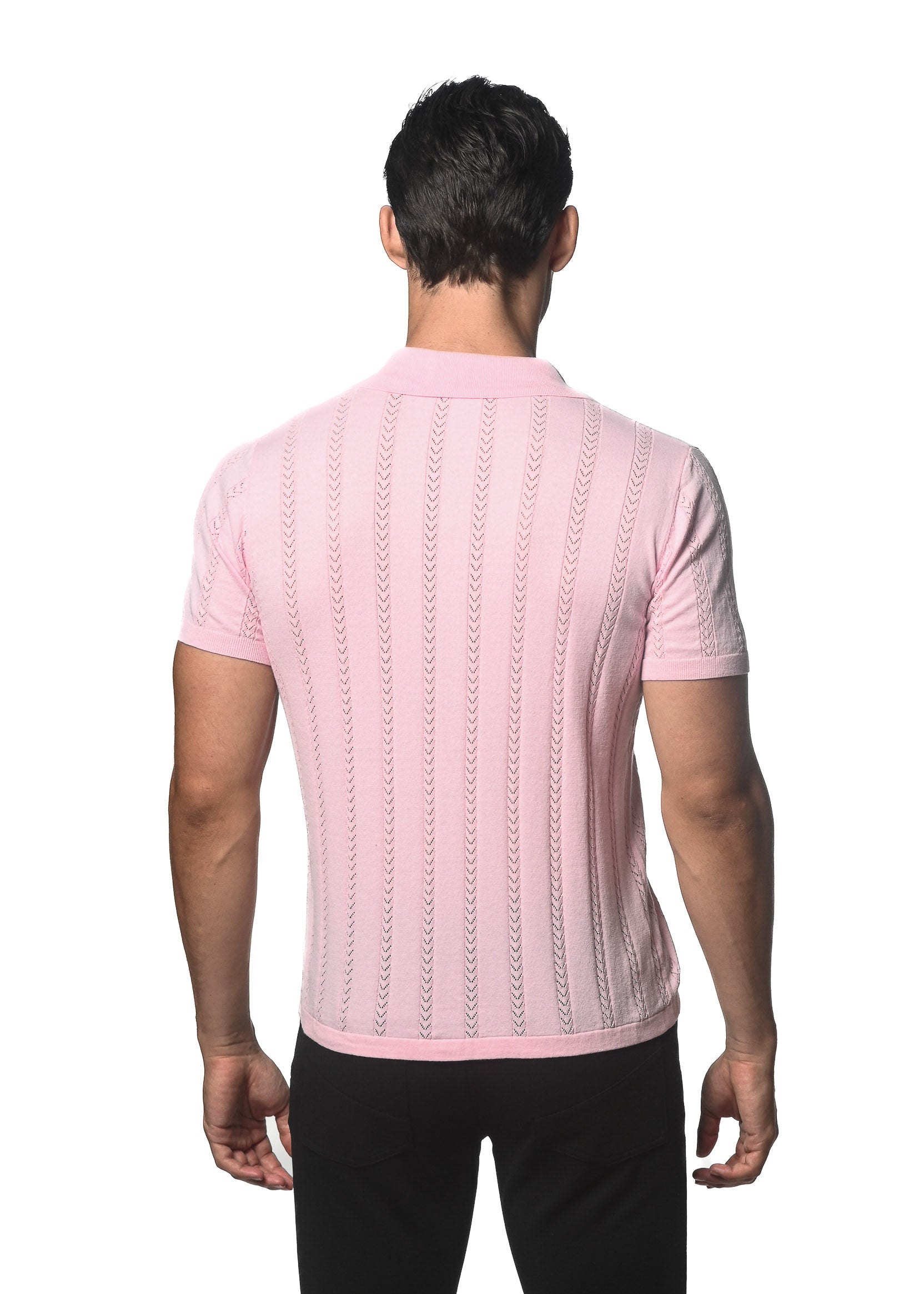 PINK COTTON TEXTURED BUTTON FRONT KNITTED SHORT SLEEVE SHIRT PM-16270