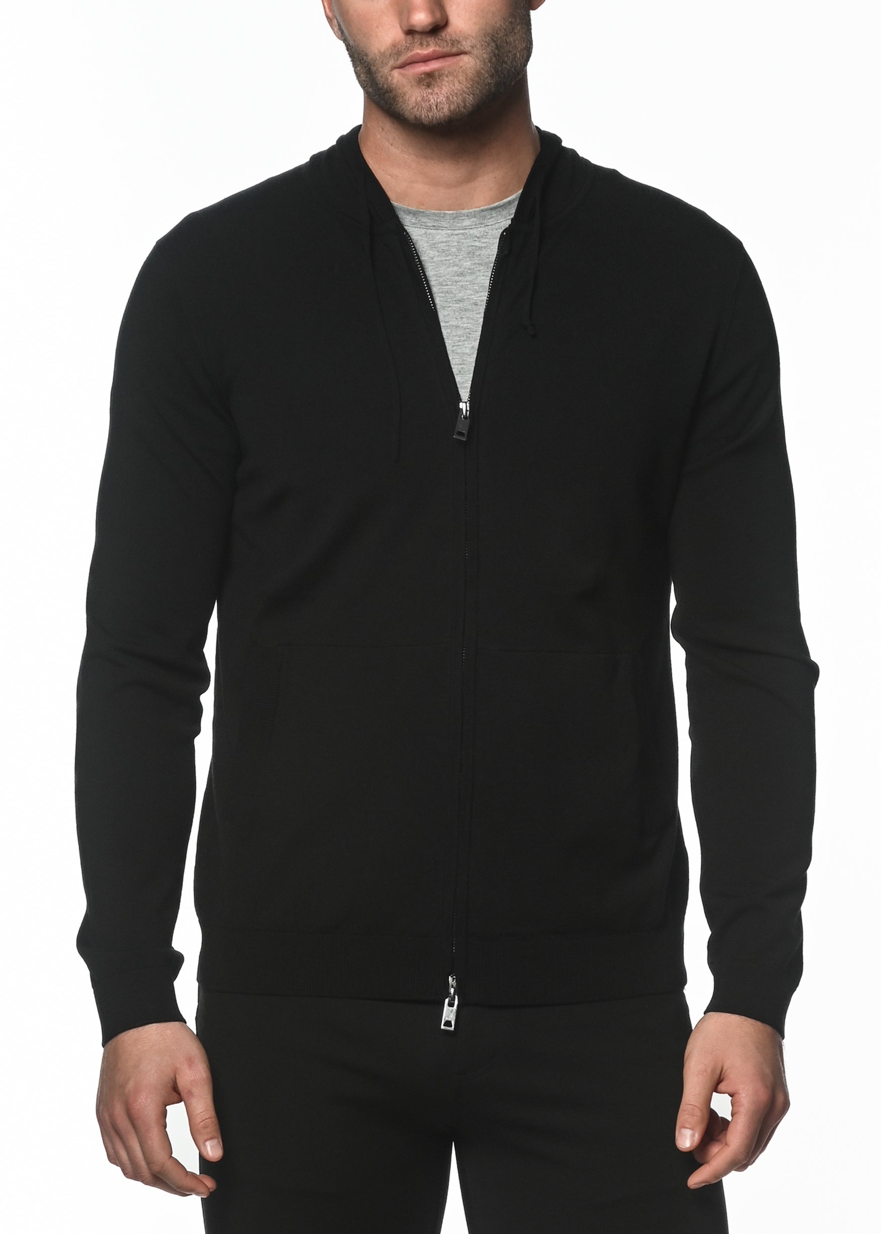BLACK SILK TENCEL KNITTED ZIP HOODIE PM-16310