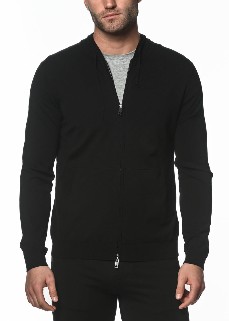 BLACK SILK TENCEL KNITTED ZIP HOODIE PM-16310