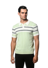 COOL MINT/OFF WHITE SILK/TENCEL STRIPES TEXTURED KNITTED POLO PM-16313
