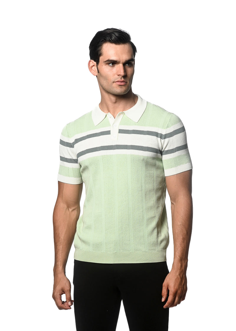 COOL MINT/OFF WHITE SILK/TENCEL STRIPES TEXTURED KNITTED POLO PM-16313