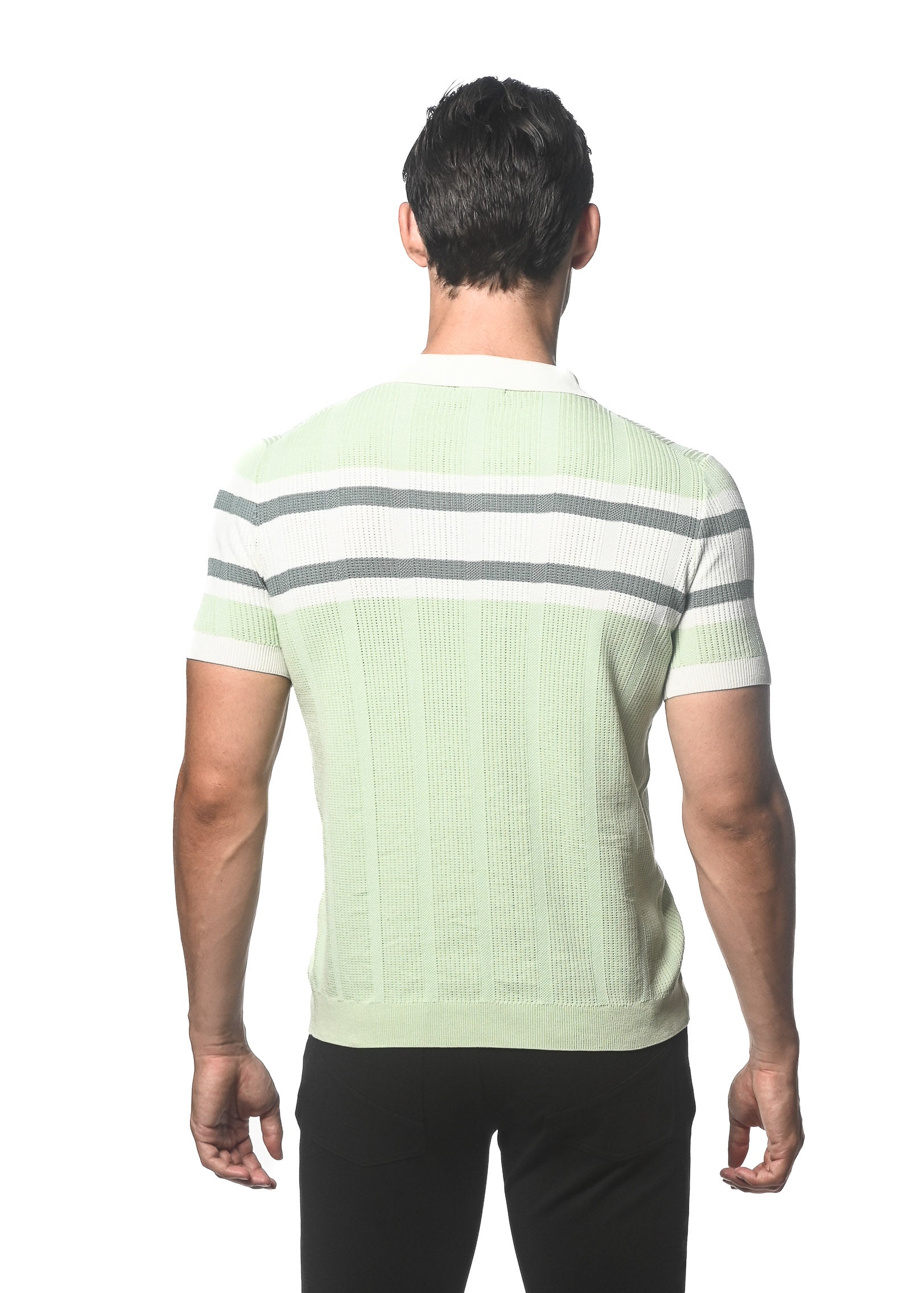 COOL MINT/OFF WHITE SILK/TENCEL STRIPES TEXTURED KNITTED POLO PM-16313
