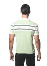 COOL MINT/OFF WHITE SILK/TENCEL STRIPES TEXTURED KNITTED POLO PM-16313