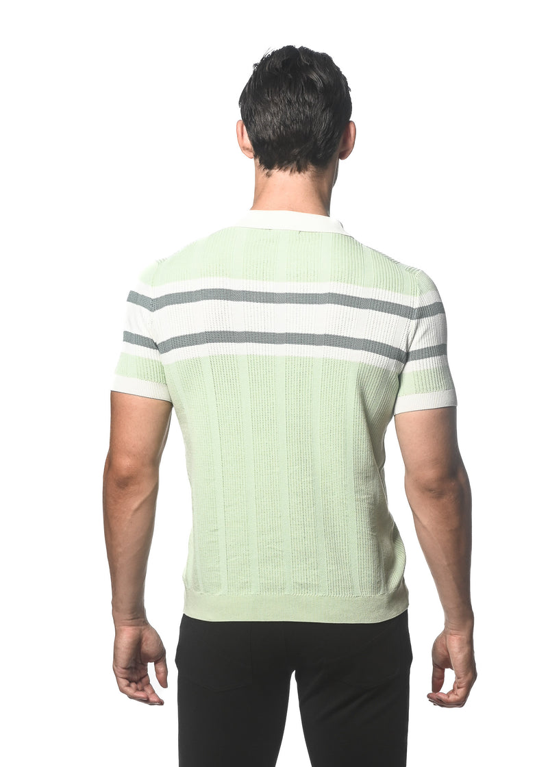 COOL MINT/OFF WHITE SILK/TENCEL STRIPES TEXTURED KNITTED POLO PM-16313