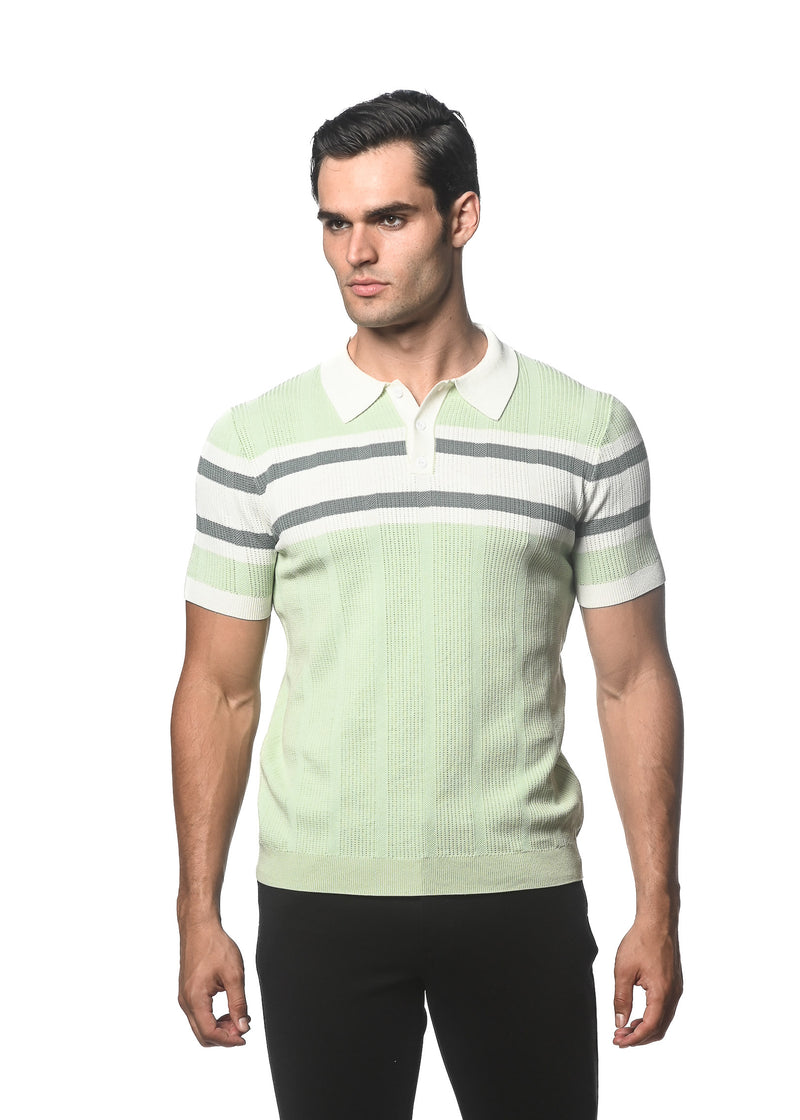 COOL MINT/OFF WHITE SILK/TENCEL STRIPES TEXTURED KNITTED POLO PM-16313