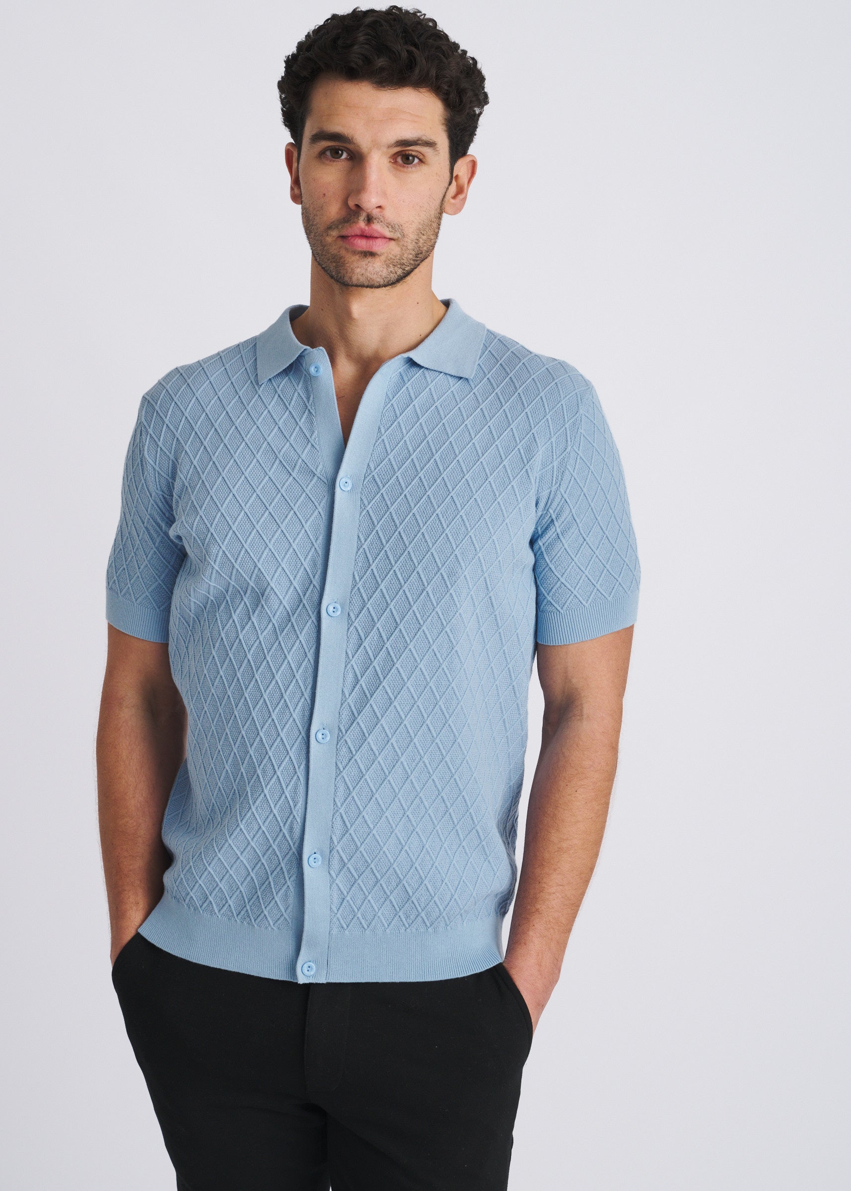 BLUE FINCH TONAL DIAMOND BUTTON FRONT COTTON KNIT SHIRT PM-16332