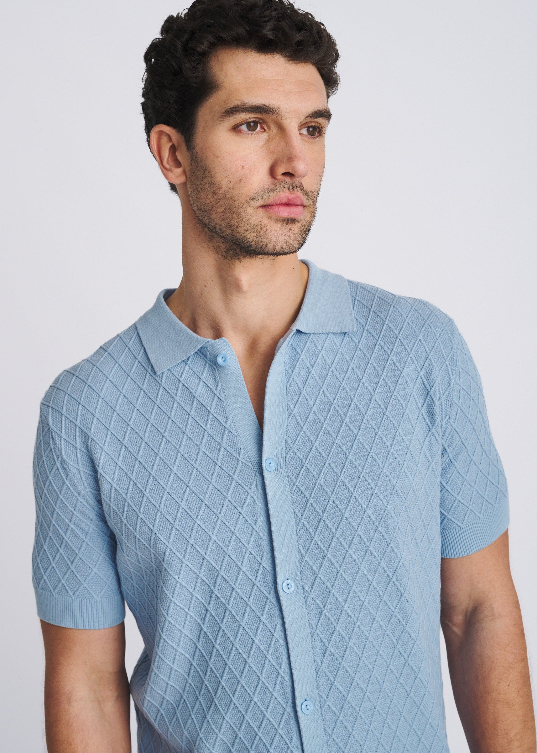 BLUE FINCH TONAL DIAMOND BUTTON FRONT COTTON KNIT SHIRT PM-16332