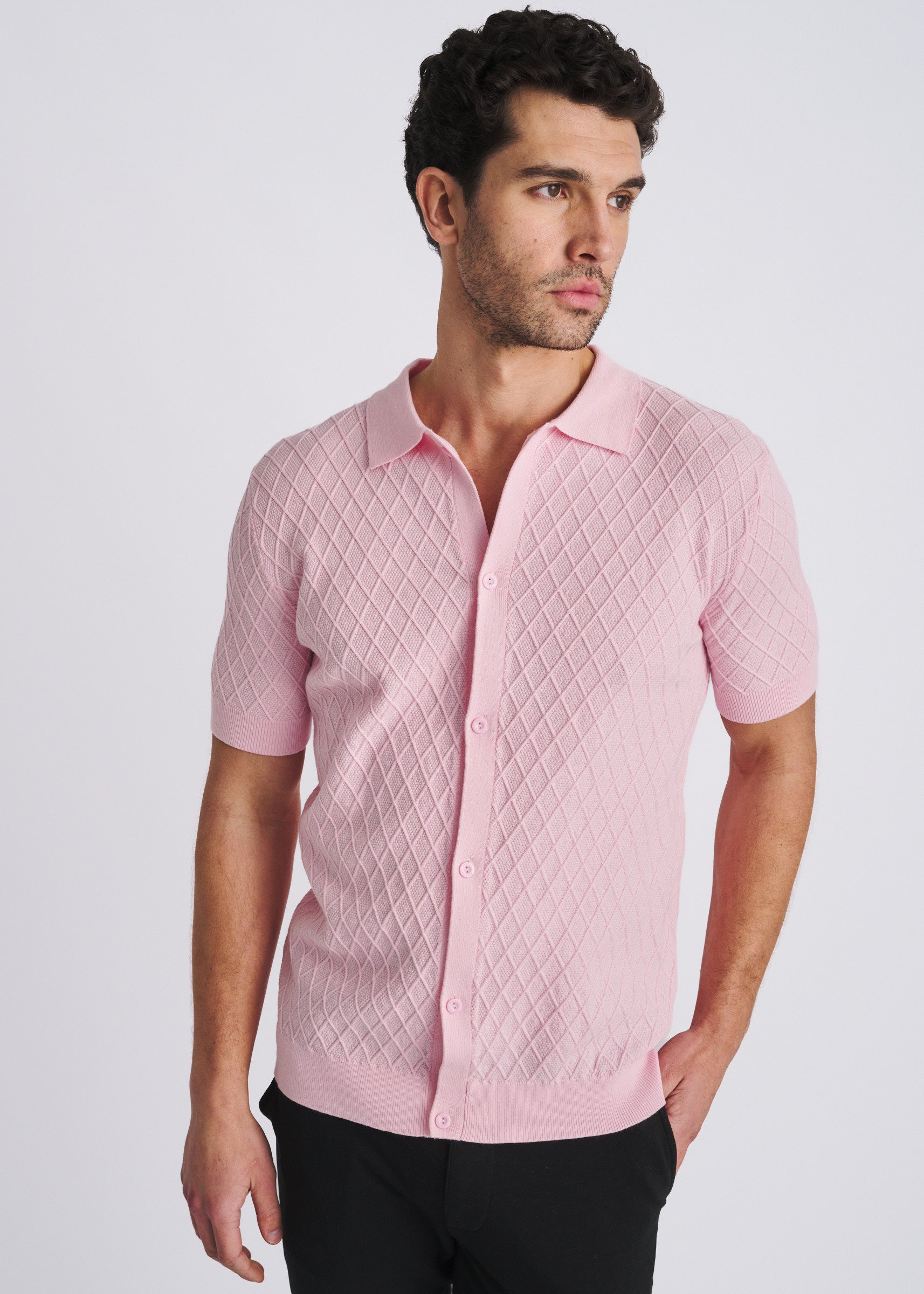 PETAL TONAL DIAMOND BUTTON FRONT COTTON KNIT SHIRT PM-16332