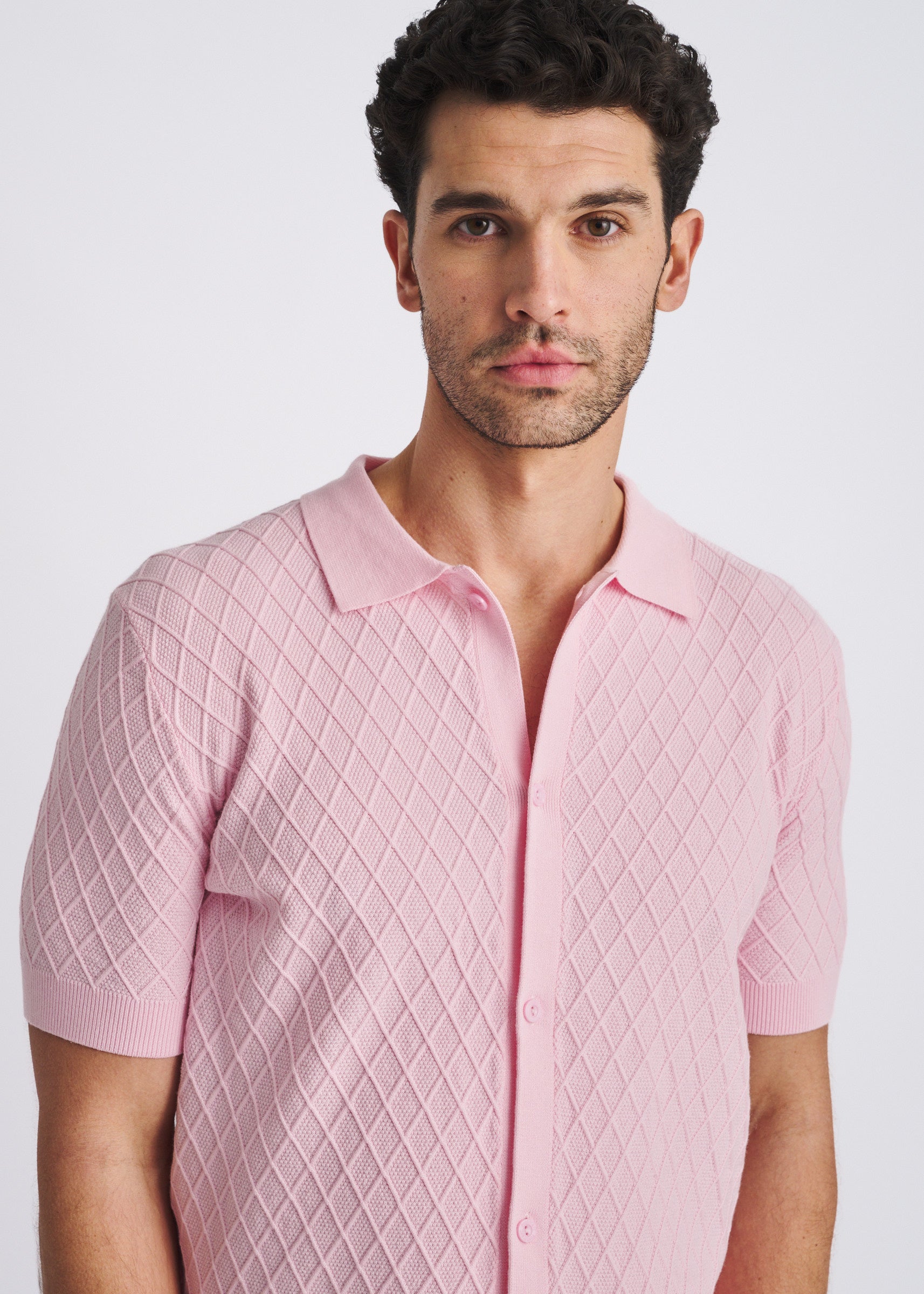 PETAL TONAL DIAMOND BUTTON FRONT COTTON KNIT SHIRT PM-16332