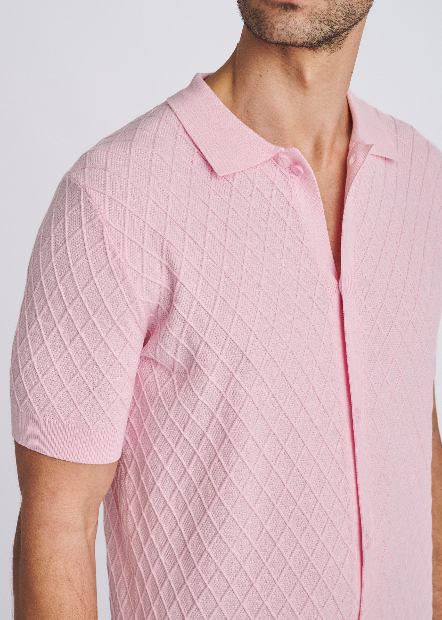 PETAL TONAL DIAMOND BUTTON FRONT COTTON KNIT SHIRT PM-16332