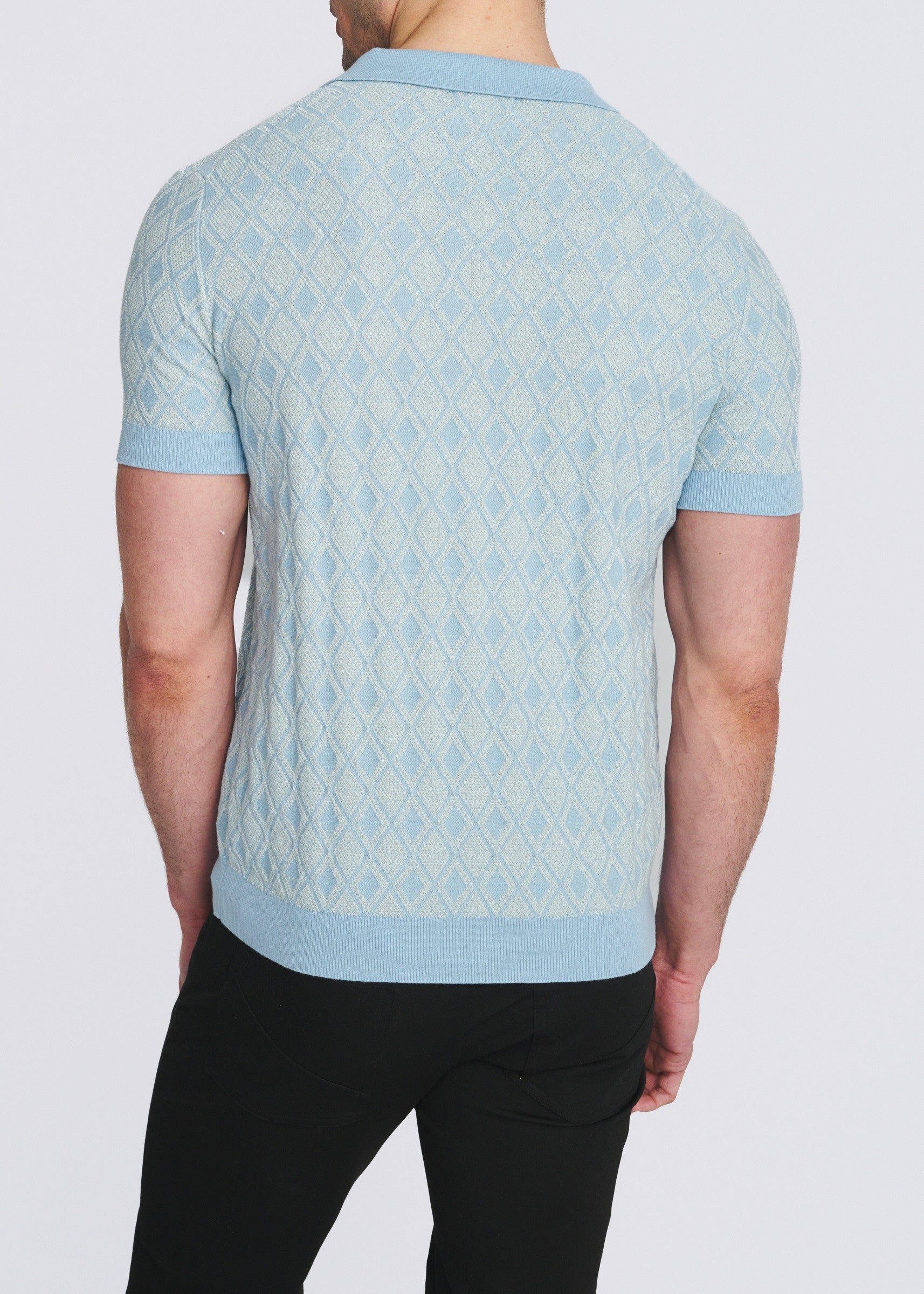 BLUE FINCH/OFF WHITE TONAL DIAMOND COTTON 3-BUTTON KNIT POLO PM-16333