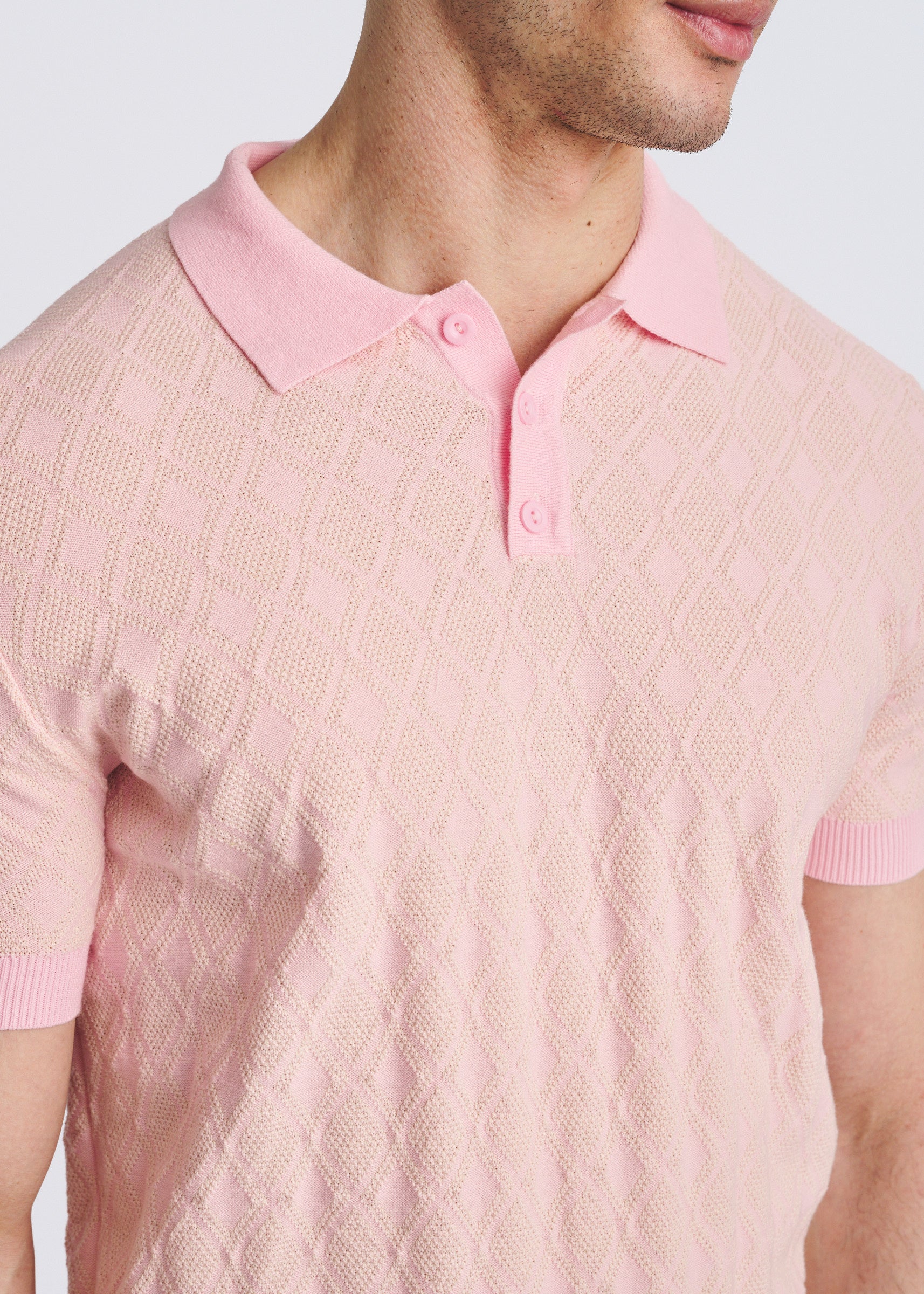 PETAL/OFF WHITE TONAL DIAMOND COTTON 3-BUTTON KNIT POLO PM-16333