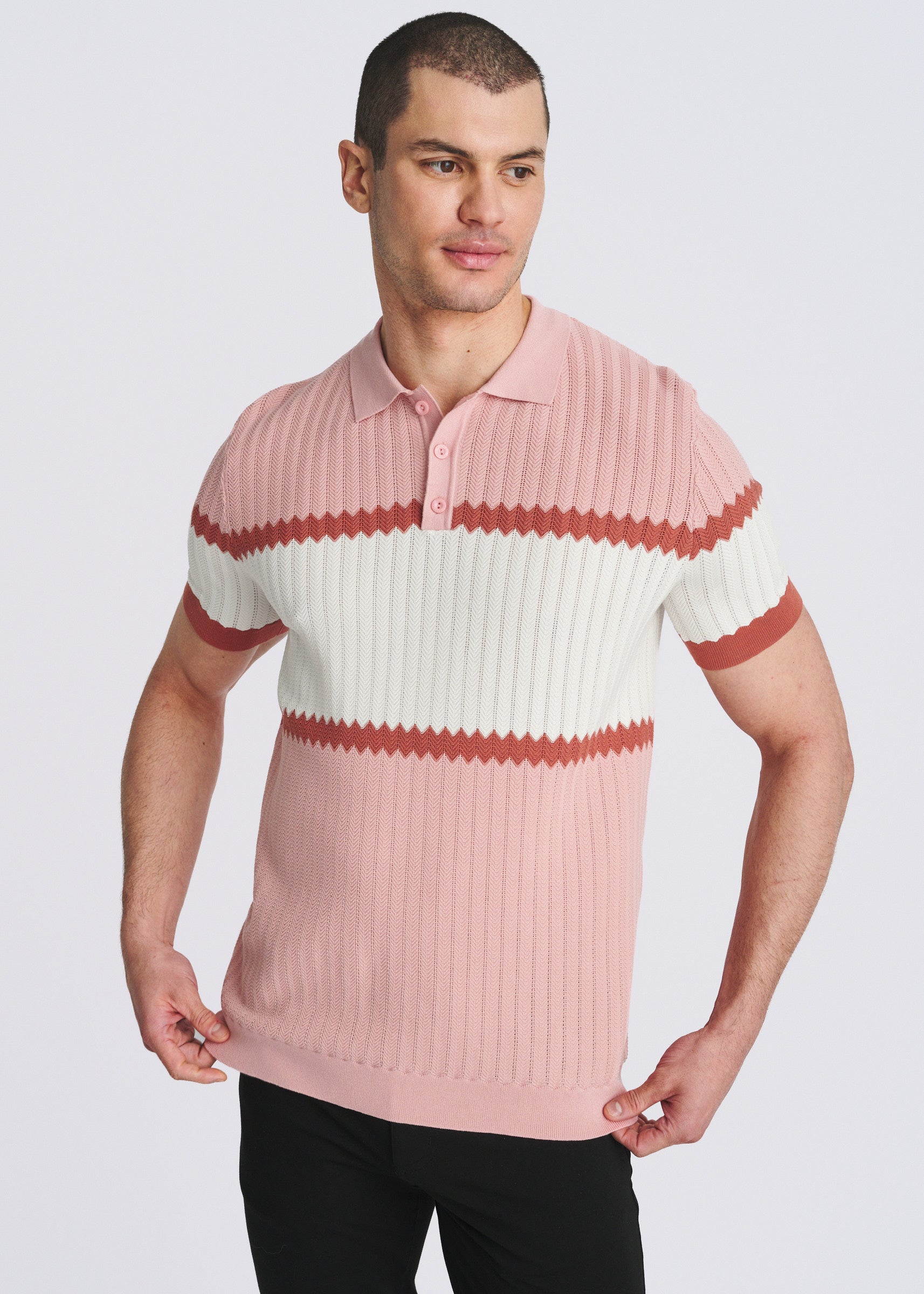 FLAMINGO/MERLOT COLOR BLOCK SILK/TENCEL 3-BUTTON KNIT POLO PM-16339