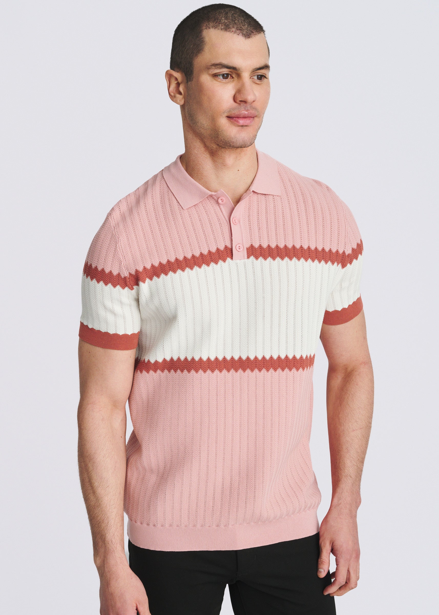 FLAMINGO/MERLOT COLOR BLOCK SILK/TENCEL 3-BUTTON KNIT POLO PM-16339