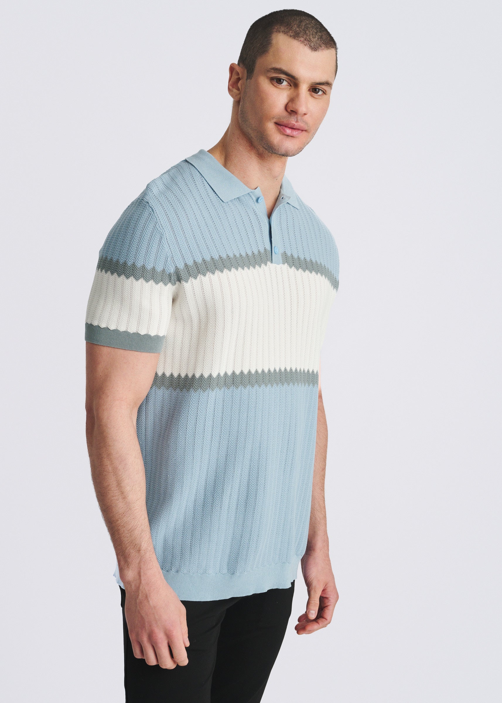 GLACIER/PETROL COLOR BLOCK SILK/TENCEL 3-BUTTON KNIT POLO PM-16339