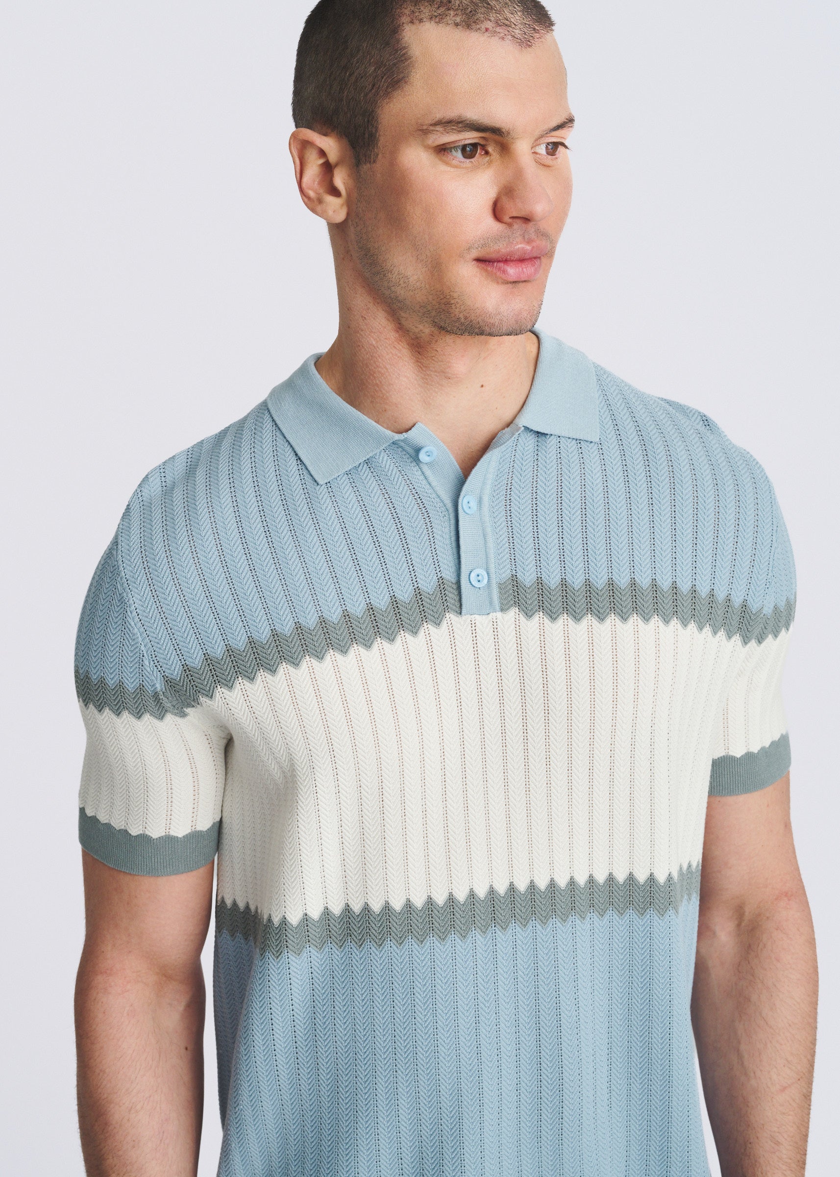 GLACIER/PETROL COLOR BLOCK SILK/TENCEL 3-BUTTON KNIT POLO PM-16339